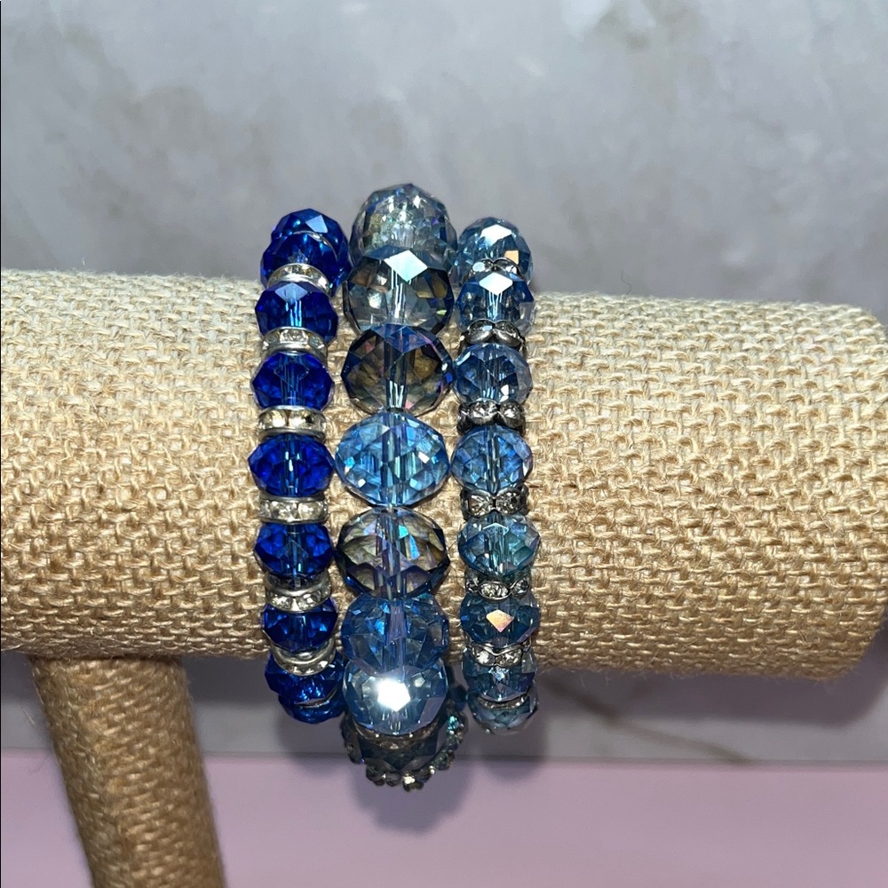Blue and Silver AB Beaded Bracelet Trio